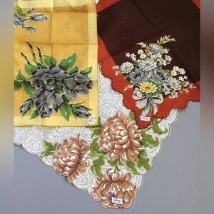 3 Burmel Handkerchief Hankie Roses Bouquet Mums Floral w/ Tags